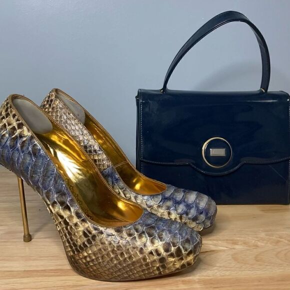 Francesco Sacco, Authentic & Exotic Python Snakeskin Gold Metal Spike Stilettos - Picture 3 of 14